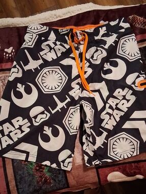 Star Wars Men’s Black and White Graphic Swim Board Shorts with Orange Drawstring